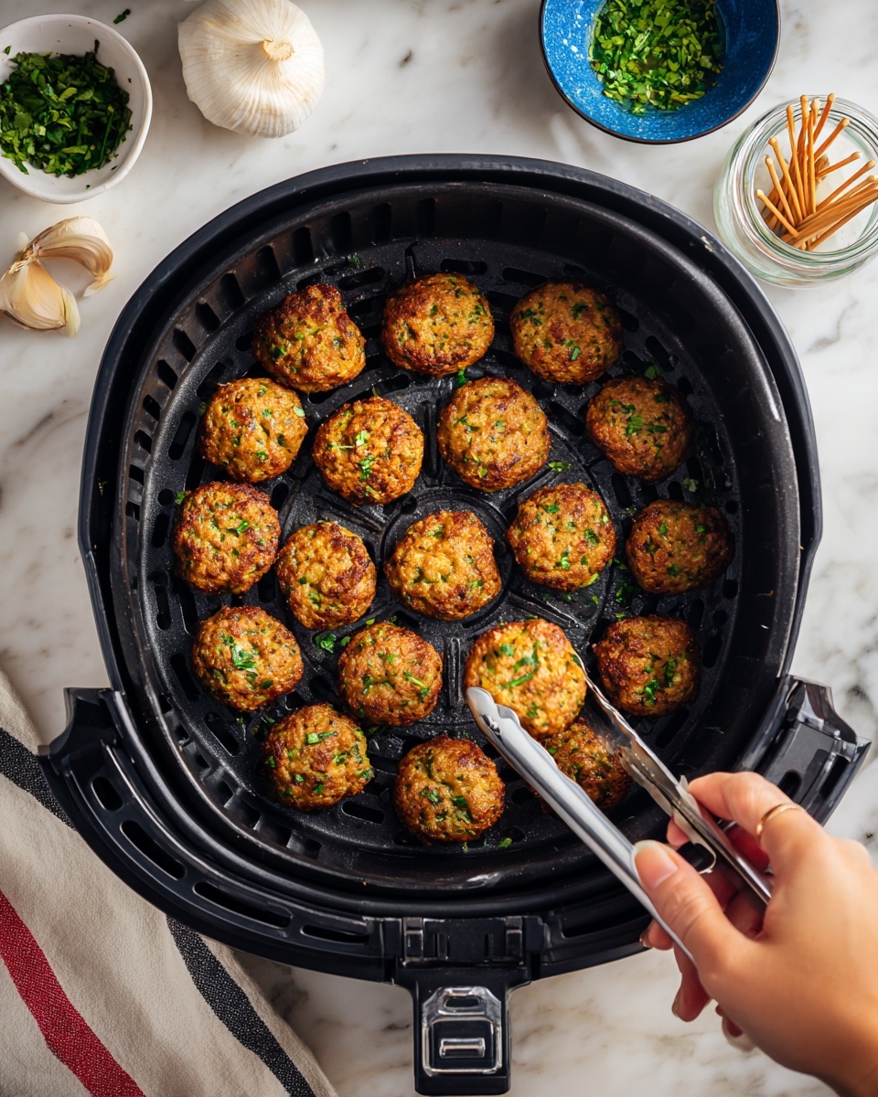A black air fryer basket filled with sixteen small, brown, round patties that look crispy and are sprinkled with small green herb pieces. A woman's hand is holding a pair of silver tongs lifting one patty above the others. Around the air fryer, there is a white marbled surface with a small blue bowl containing chopped green herbs, a shallot, a few toothpicks in a glass jar, and a garlic bulb. A white cloth with black and red stripes is partly visible at the bottom left corner. Photo taken with an iphone --ar 4:5 --v 7