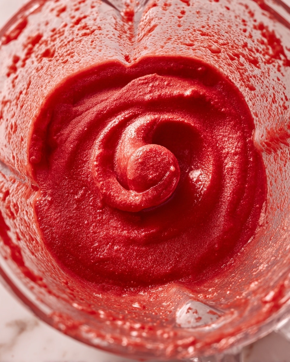 This image shows a close-up of a blender container filled with a thick, bright red puree. The puree has a smooth but slightly textured surface with some small lumps and swirls visible. A small curved line in the center suggests the blender was recently used. The container is clear and shows some splashes and bits of the red puree on its inner sides. The background is a white marbled texture. photo taken with an iphone --ar 4:5 --v 7