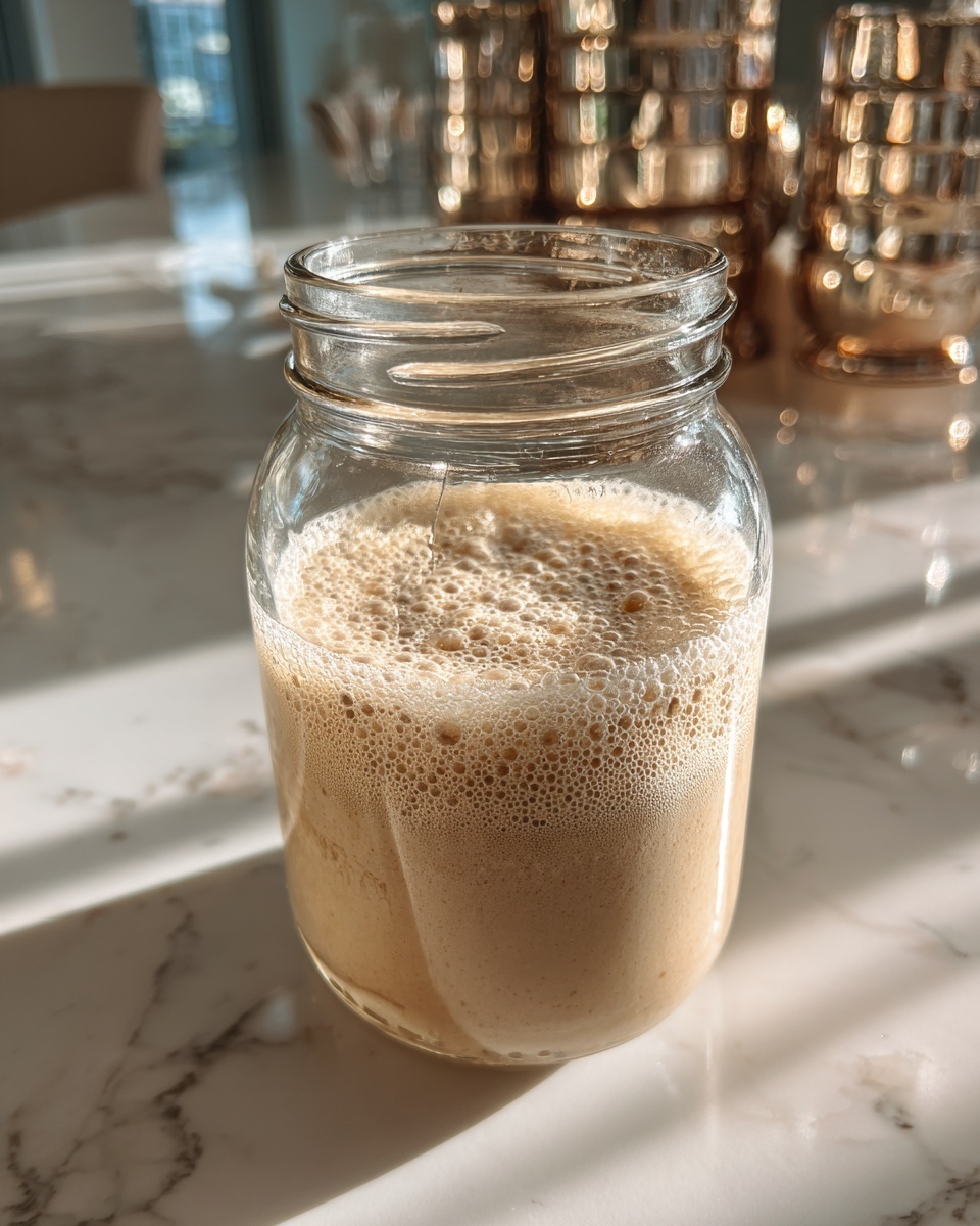 A clear glass jar filled about three-quarters with a light beige, bubbly mixture that has a thick and frothy texture on top, showing small and large bubbles throughout; the jar sits on a white marbled surface with a blurred background that includes shiny metal and soft light reflections. photo taken with an iphone --ar 4:5 --v 7