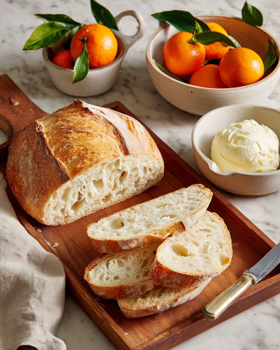 A wooden cutting board on a white marbled surface holds a sliced loaf of bread with four pieces showing a soft, airy inside with light tan crusts. The whole loaf rests on a light beige cloth. To the right, a small white bowl with two handles contains a round ball of creamy white butter with a silver knife inside. On the top right corner of the board, three bright orange tangerines with green leaves add color. On the left side, a white bowl holds more tangerines with leaves. Photo taken with an iphone --ar 4:5 --v 7
