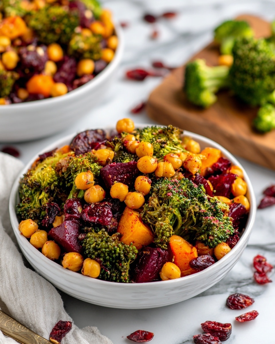 The image shows a close-up of a white bowl filled with a colorful salad. The salad has three main layers: bright orange chickpeas, dark red chunks of beets, and green broccoli florets. The broccoli pieces are slightly charred and mixed well with the chickpeas and beets. There is another white bowl in the background, also filled with the same salad, placed on a white marbled surface. Some dried cranberries are scattered around, and a wooden board with green broccoli and dried cranberries is partially visible in the top right corner. The overall look is fresh and vibrant, with a mix of textures and colors. photo taken with an iphone --ar 4:5 --v 7