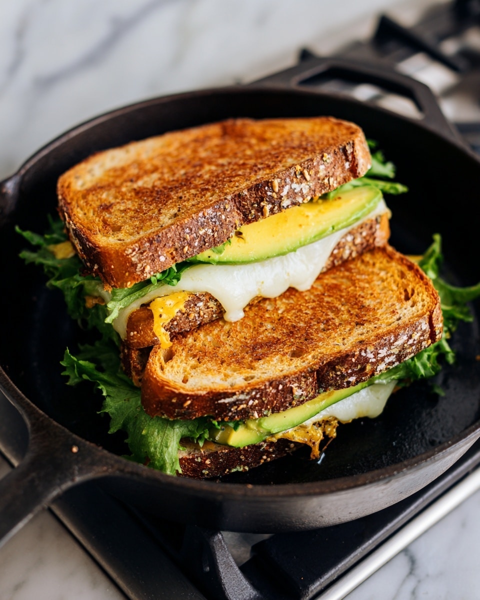 A toasted sandwich is cut in half and placed inside a black cast iron pan on a stove. The sandwich has two golden-brown slices of bread with a slightly crispy texture and visible seeds. Between the bread slices, there are layers of bright green leafy lettuce, smooth yellow slices of avocado, and melted white cheese stretching between the halves. The pan sits on a stove with a white marbled surface visible in parts around the stove edges. photo taken with an iphone --ar 4:5 --v 7