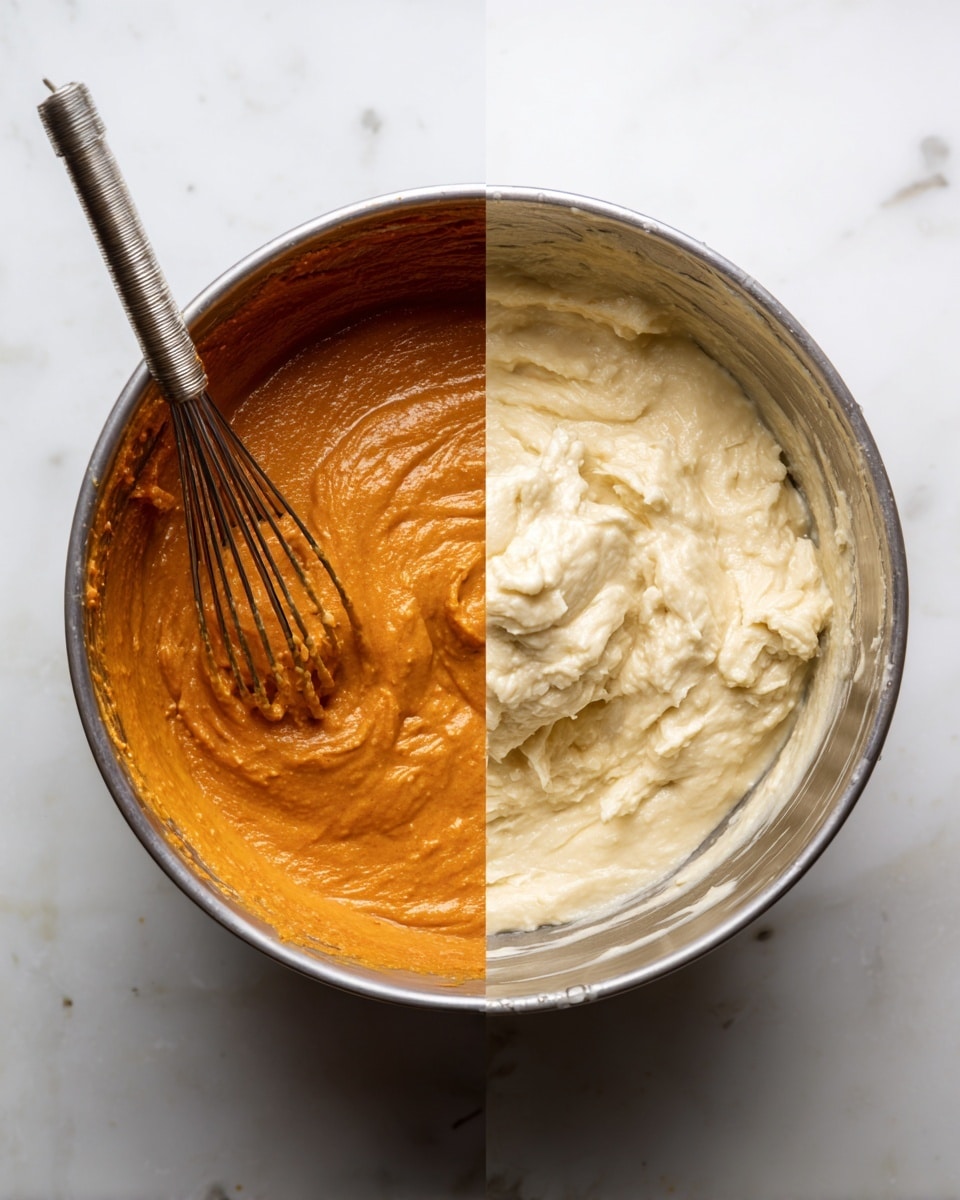 The image is split into two vertical sections, each showing a metal bowl on a white marbled surface. On the left side, the bowl holds a thick, smooth orange sauce with some chunks, and a metal whisk is resting inside it, partially submerged and angled slightly to the right. On the right side, the bowl contains a creamy, off-white mixture with a lumpy texture piled in the center. The surface of the bowl inside is shiny with some small droplets of liquid on the sides. The lighting highlights the textures and colors clearly. photo taken with an iphone --ar 4:5 --v 7