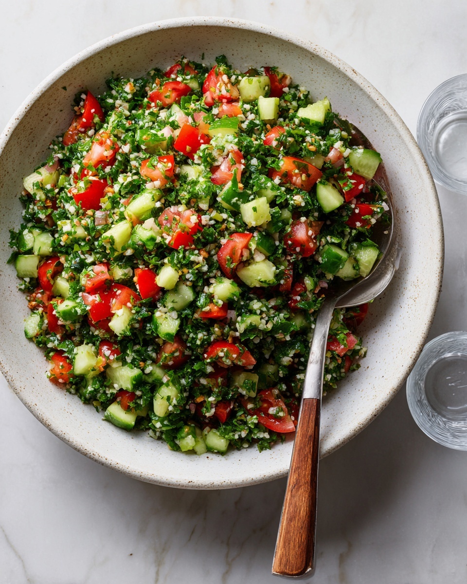 A white speckled bowl filled with a fresh tabbouleh salad showing a mix of finely chopped green parsley, diced red tomatoes, and small light green cucumber cubes. The ingredients are evenly mixed, giving the salad a colorful and vibrant look with the greens being dominant. A silver spoon with a wooden handle rests on the right side inside the bowl, ready to serve. The bowl sits on a white marbled surface with two clear glasses placed near it, adding a fresh and clean setting. Photo taken with an iphone --ar 4:5 --v 7