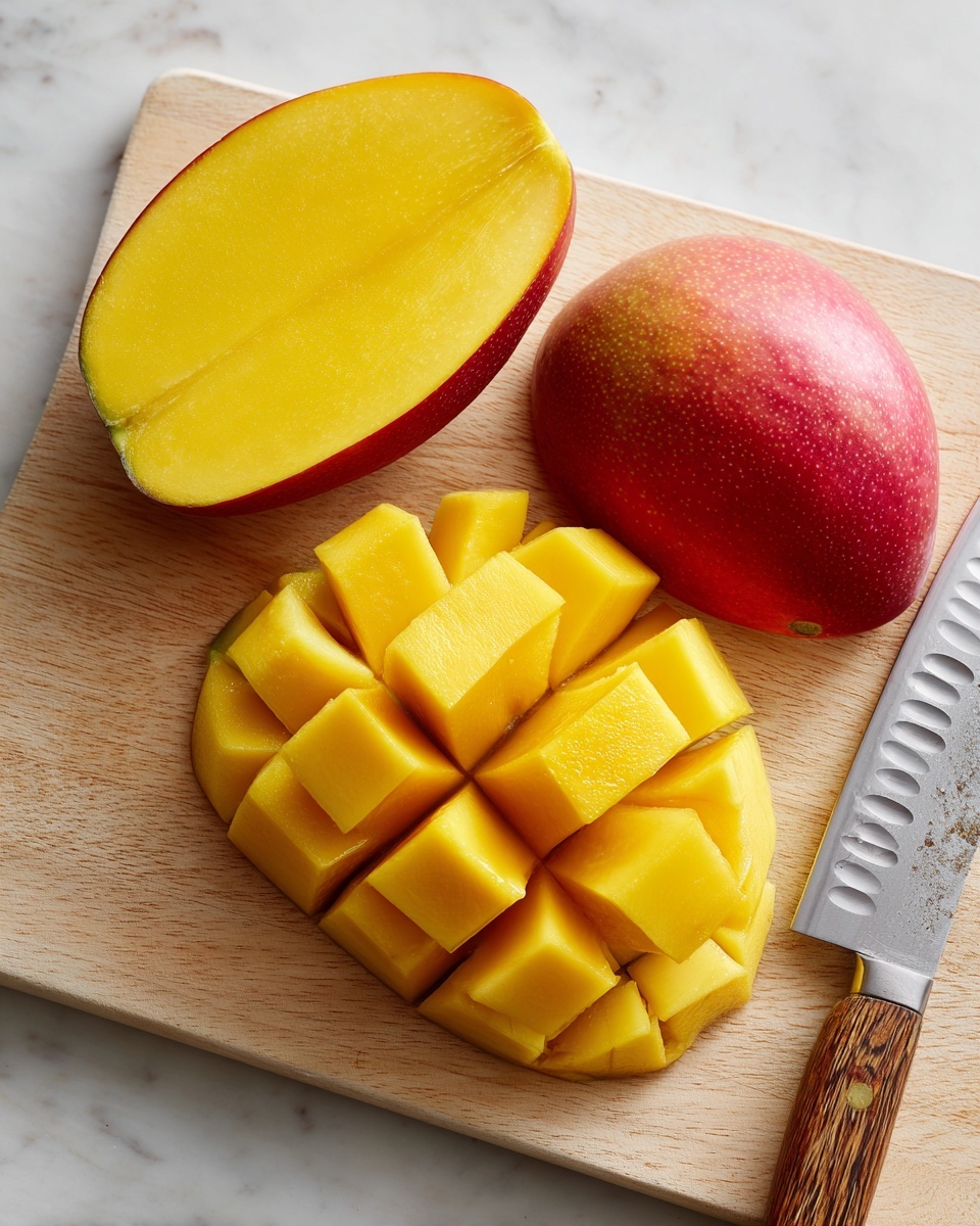 The image shows a mango on a light wooden cutting board with a knife nearby. The mango is in two halves: the top half is smooth with bright yellow flesh and reddish skin edge, while the bottom half is cut into large, thick yellow cubes, still attached to the skin, giving a textured, layered look. The knife has a metal blade with small oval holes and a brown wooden handle. The white marbled texture is the background. Photo taken with an iphone --ar 4:5 --v 7