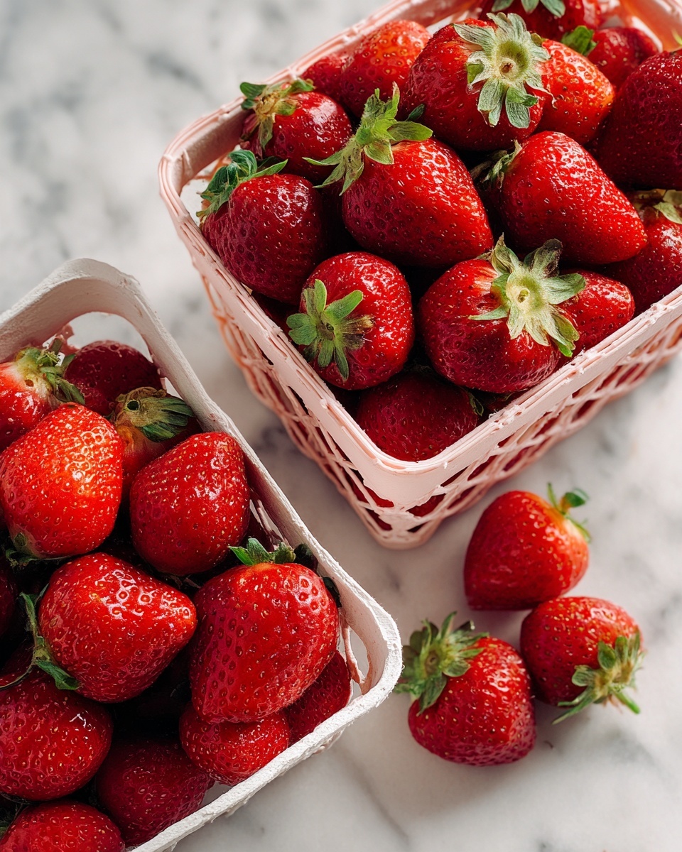 Two baskets filled with fresh red strawberries, one basket is white and the other is pink. The strawberries have green tops and look fresh and ripe, some strawberries fall out and sit on a white marbled surface. The baskets have a mesh design letting light pass through. The colors are bright and vivid, giving a fresh and healthy look. photo taken with an iphone --ar 4:5 --v 7