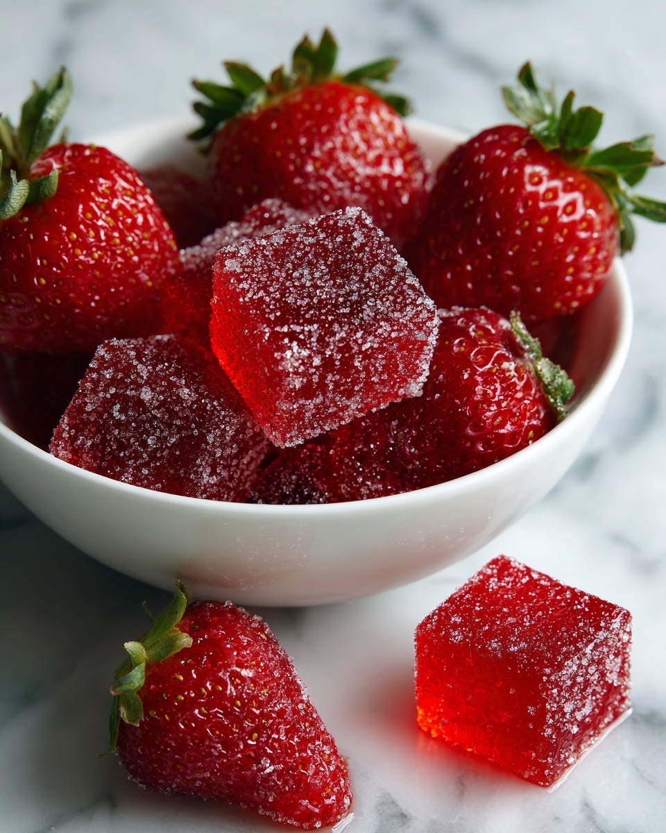 A white bowl filled with bright red strawberries with green leafy tops, scattered around three square-shaped red jelly candies covered in white sugar crystals, one candy is shown with a bite taken from it to reveal its shiny, smooth red inside; the bowl sits on a white marbled surface. photo taken with an iphone --ar 4:5 --v 7