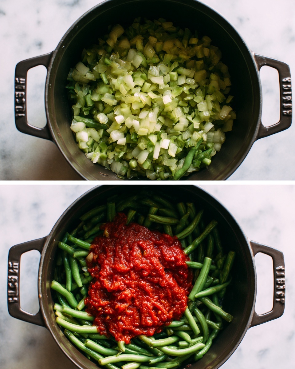 Two images showing a black pot with two handles on a white marbled surface. The pot is filled with chopped green beans mixed with soft, diced onions showing a light translucent color. In the second image, a bright red chunky tomato sauce is added as a single layer on top of the green beans in the center, creating a contrast with the fresh green layer underneath. The green beans have a slightly shiny texture, and the tomato sauce appears thick and smooth. The pot’s surface inside is dark and matte, emphasizing the vibrant colors of the food photo taken with an iphone --ar 4:5 --v 7