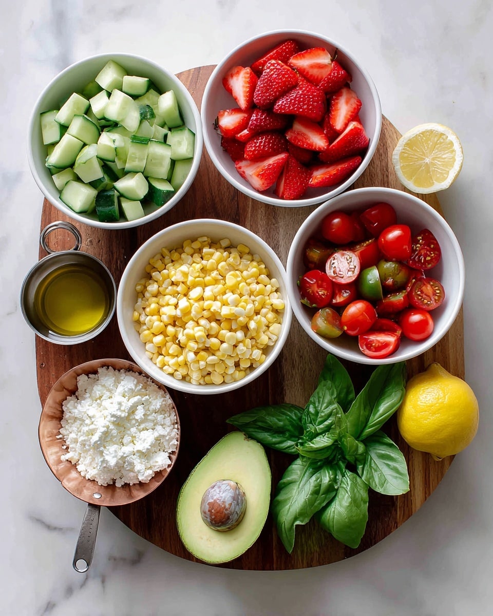 The image shows a top-down view of fresh ingredients arranged on a wooden board placed on a white marbled surface. There are five white bowls containing different foods: the top right bowl is filled with bright red sliced strawberries, the bottom right bowl holds halved cherry tomatoes, the top left bowl has roughly chopped cucumber pieces, and the bottom left bowl contains yellow corn kernels. Near the center is a small white bowl filled with golden olive oil, and next to it are several fresh green basil leaves directly on the board. A halved avocado with the seed still inside rests in the bottom left corner. A small copper measuring cup filled with white crumbly cheese is placed near the avocado. A whole yellow lemon is in a small bowl near the center. The composition is clean and colorful, set on a white marbled background. Photo taken with an iphone --ar 4:5 --v 7