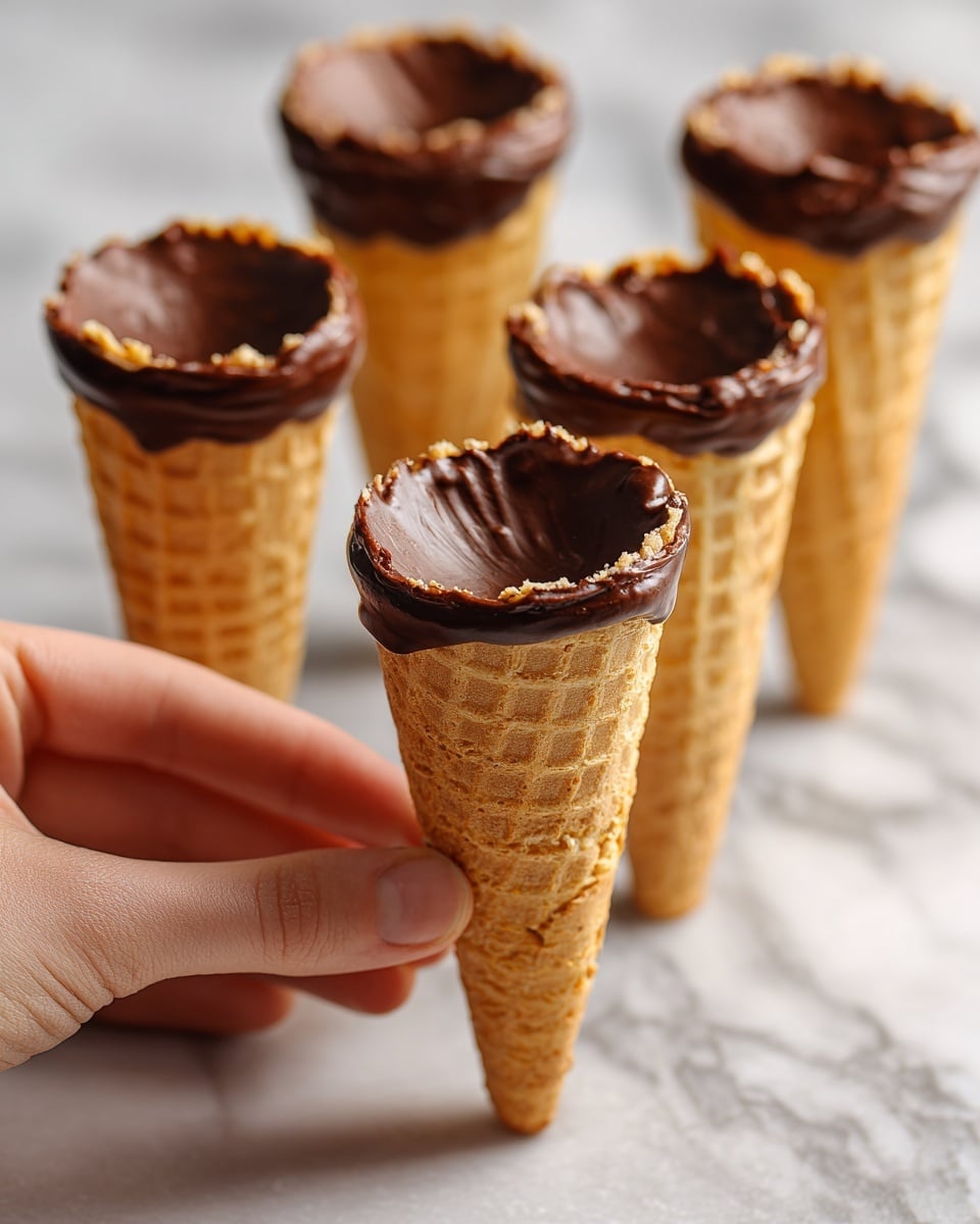 The image shows five waffle cones with a smooth dark chocolate layer inside the top rim, creating a thick coating around the opening. Each cone is a golden-brown color with a visible waffle texture. The cones stand upright on a white marbled surface, with one cone held by a woman's hand in the foreground, showing the empty inside and chocolate coating clearly. The background cones blur softly for depth. photo taken with an iphone --ar 4:5 --v 7