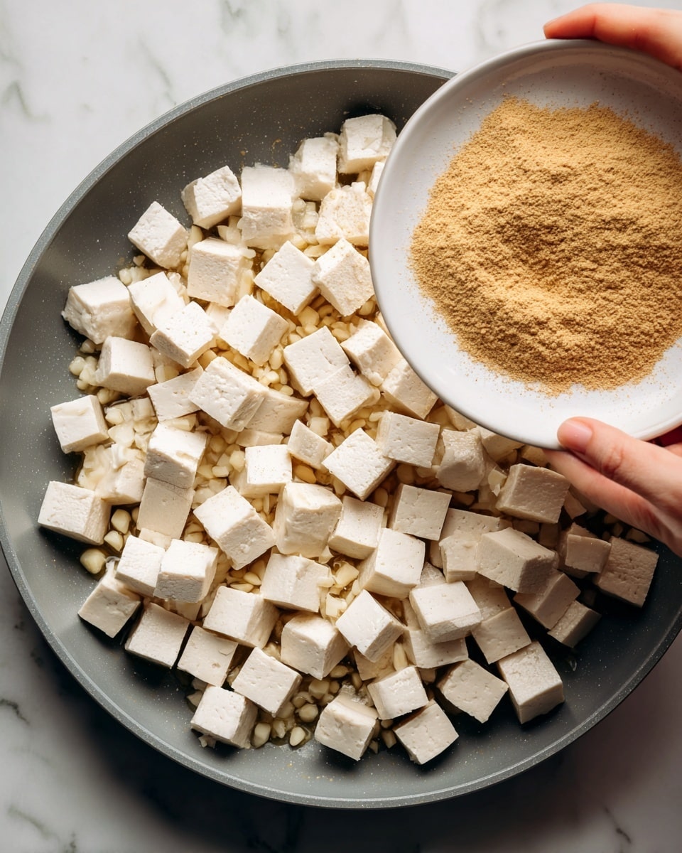 The image shows a close-up of many small white tofu cubes spread out evenly on a gray cooking pan surface, mixed with small pieces of chopped garlic and some oil droplets. Above the pan, a white round plate is held by a woman's hand, pouring light brown powdered spice over the tofu cubes. The background is a white marbled texture. photo taken with an iphone --ar 4:5 --v 7