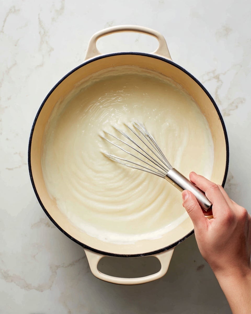 A close-up view of a large cream-colored pot with smooth texture, showing a white thick liquid being stirred by a woman's hand holding a whisk. The pot has black handles on both sides, and the background is a white marbled surface. The white liquid inside the pot is creamy and smooth, filling the bottom part of the pot. Photo taken with an iphone --ar 4:5 --v 7