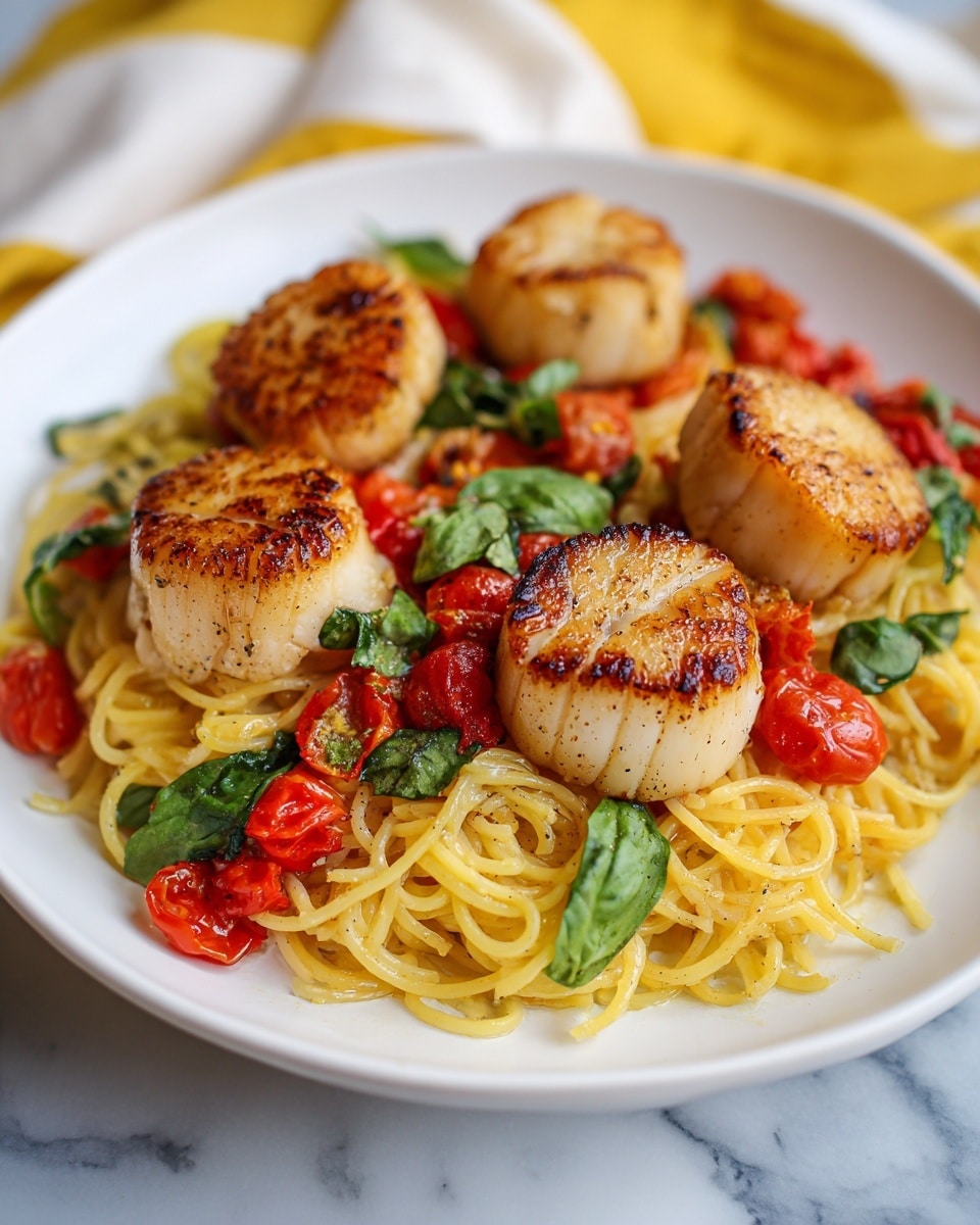 A white plate holds a dish with three main layers: at the bottom, a bed of thin yellow spaghetti, mixed with bright red cherry tomatoes that look slightly cooked and soft; on top of the pasta, five golden brown seared scallops with a slightly crispy texture are evenly placed; scattered around and on top of the scallops and pasta are fresh green basil leaves that add a fresh touch. The plate sits on a white marbled surface with a yellow and white cloth nearby. photo taken with an iphone --ar 4:5 --v 7