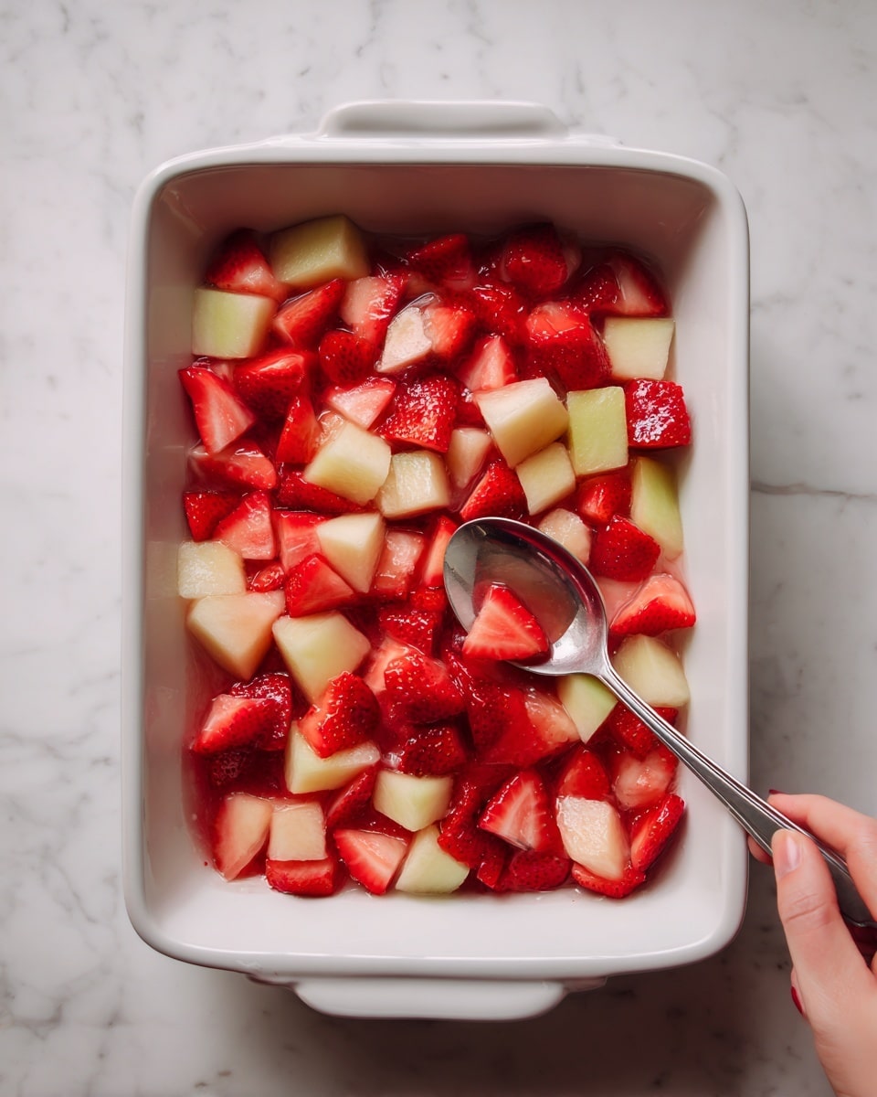 A white rectangular dish filled with one layer of mixed fresh fruit pieces, mainly bright red strawberry parts and small chunks of pale yellow melon, all evenly spread across the dish’s surface. A woman's hand holds a silver spoon stirring the fruit in the right corner of the dish. The background has a white marbled texture. photo taken with an iphone --ar 4:5 --v 7