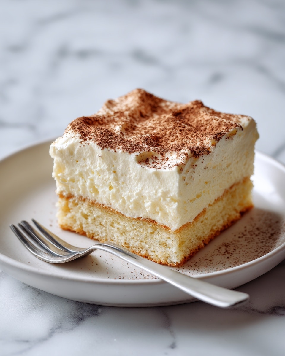 The image shows a square slice of three-layered cake placed on a simple white plate with a small vintage silver fork beside it. The cake’s bottom layer is thick and golden yellow with a soft, moist texture. The middle layer is thinner and creamy white, smooth and dense. The top layer is a fine dusting of dark brown cocoa powder evenly spread over the creamy layer. The background features a white marbled surface with a white baking dish, partially filled with the same cake, and two small brown bottles out of focus behind it. A cinnamon stick lies next to the plate, adding a warm color contrast. photo taken with an iphone --ar 4:5 --v 7