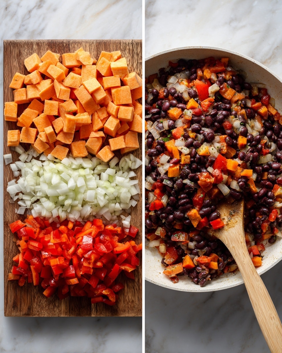 The image shows two side-by-side photos; on the left, a wooden board on a white marbled surface holds three layers of chopped vegetables: orange sweet potatoes at the top, red bell peppers in the middle, and white onions at the bottom, all cut into small cubes. On the right, a white pan contains a mixed layer of cooked black beans, orange sweet potatoes, red bell peppers, and bits of white onions being stirred with a light brown wooden spoon, showcasing a colorful mix with a slightly shiny, cooked texture. Photo taken with an iphone --ar 4:5 --v 7