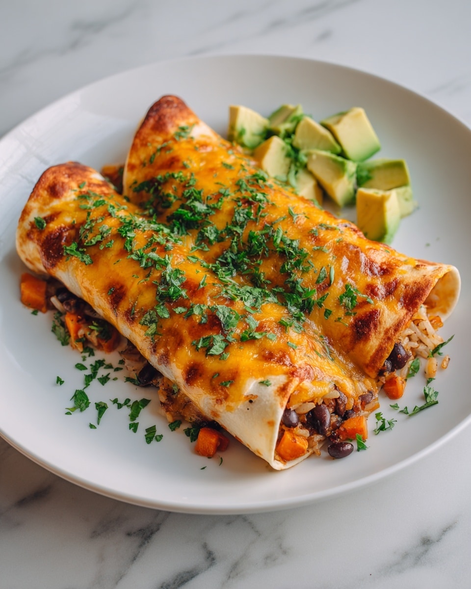 Two rolled tortillas filled with black beans, diced orange vegetables, and rice are placed on a white plate. The top of the tortillas are covered in melted orange cheese with some melted bits and sprinkled with chopped green herbs. Cubes of light green avocado are scattered on and around the tortillas, adding a fresh touch. The plate rests on a white marbled surface, and the image is close up with soft lighting. photo taken with an iphone --ar 4:5 --v 7