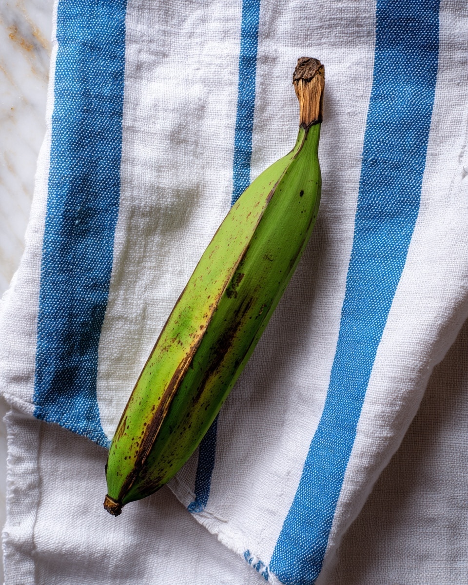 A single green plantain with some brown spots rests diagonally on a white cloth with wide blue stripes, both set on a white marbled surface. The plantain has a smooth, shiny texture with slight marks and a dry, dark brown stem at the bottom. The blue and white cloth underneath adds a casual, soft fabric detail to the composition. photo taken with an iphone --ar 4:5 --v 7