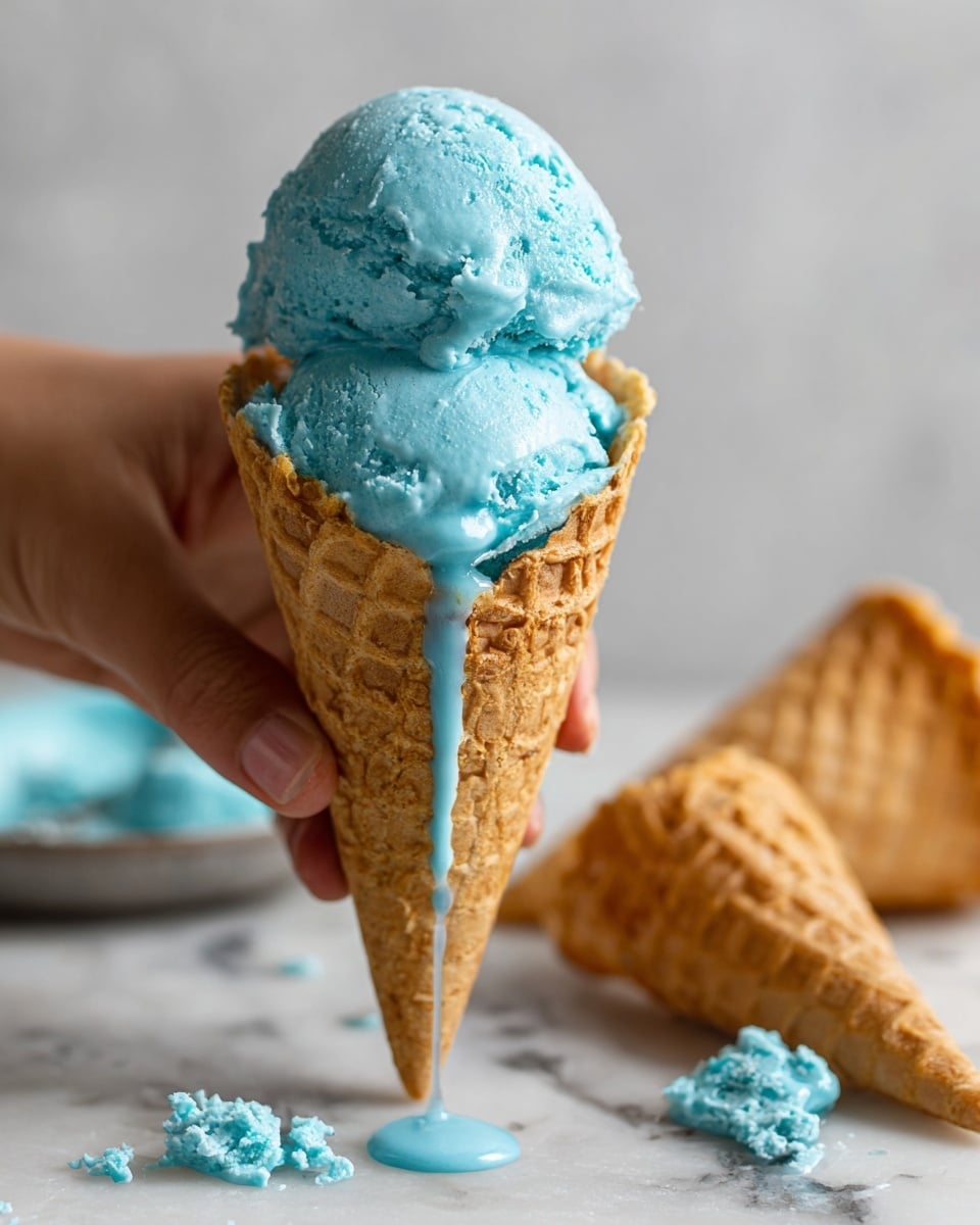 A close-up of a single scoop of bright blue ice cream placed on top of a golden brown waffle cone. The ice cream has a smooth and creamy texture, with one drop slowly dripping down the side of the scoop. In the background, another waffle cone is lying down with some blue ice cream spilled near it on a white marbled surface. A woman's hand is holding the cone in the foreground, showing short natural nails. photo taken with an iphone --ar 4:5 --v 7