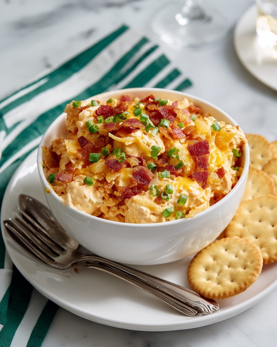 A white bowl filled with a creamy, light orange layered snack made of small crispy golden-brown pieces mixed with creamy melted cheese and bits of red bacon, topped with chopped green onions for color. Around the bowl on a white plate, several round golden crackers are arranged. Two silver forks sit next to the bowl on the white plate. The scene is set on a white marbled surface with a green and white striped cloth partially visible. photo taken with an iphone --ar 4:5 --v 7