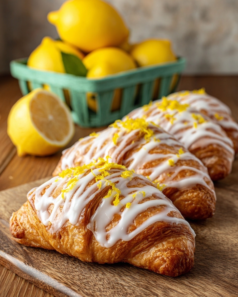 The image shows three crescent-shaped pastries lying on a wooden surface, each pastry covered with a white icing drizzle that creates a textured pattern on the golden-brown crust. Bright yellow lemon zest is sprinkled over the top of the icing, adding a pop of vibrant color. In the background, a green basket filled with whole lemons sits on the wooden surface, with one lemon leaning against the basket. The setting has a warm, inviting look with a focus on the front pastry, showing its glossy glaze and flaky texture. photo taken with an iphone --ar 4:5 --v 7