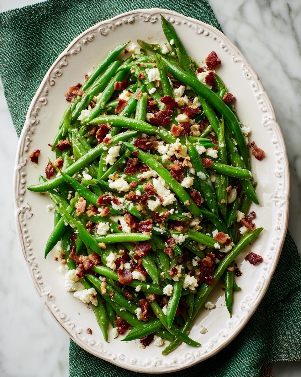The dish is shown on a white oval plate with a delicate embossed edge, resting on a green textured cloth placed over a white marbled surface. The dish has two main layers: the bottom layer is made of fresh green beans, cut into short segments, with a smooth and shiny texture. Scattered on top are small pieces of crispy, reddish-brown bacon that add a crunchy look. There are also tiny bits of crumbled white cheese spread evenly throughout the dish, giving contrast in color and texture. The overall appearance is fresh and colorful with a mix of green, brown, and white tones. Photo taken with an iphone --ar 4:5 --v 7