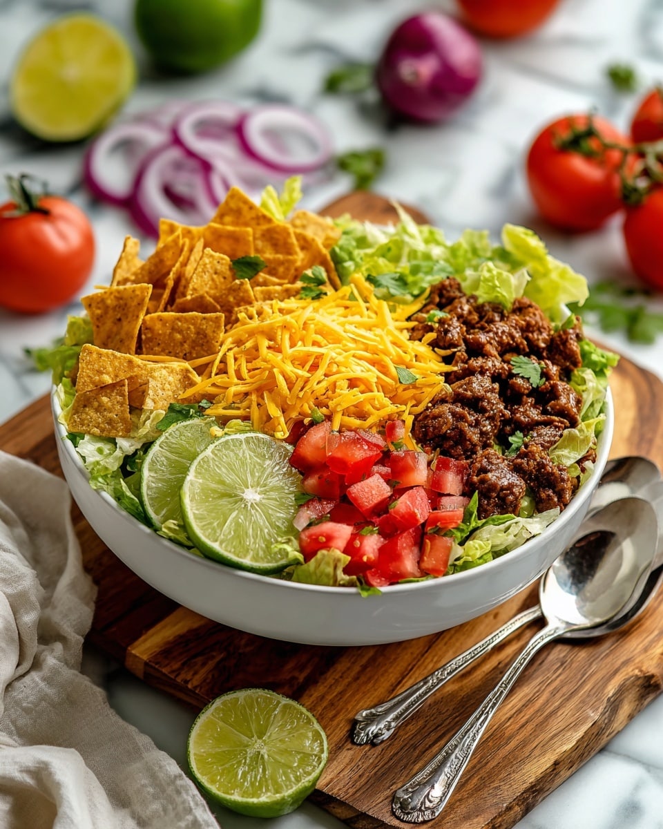 This image shows a white bowl full of a layered taco salad. The bottom layer is made of crunchy, broken tortilla chips mixed with fresh, light green lettuce pieces. On top, there are small browned cooked meat bits mixed with bright yellow shredded cheese. Fresh red diced tomatoes are scattered over the salad, along with some green herbs sprinkled across the top. There are three lime wedges placed on one side of the bowl. The bowl sits on a wooden board with a white marbled background. Around the bowl, there are fresh tomatoes, red onions, various spoons, some lime wedges, and a woman’s hand partially visible. photo taken with an iphone --ar 4:5 --v 7