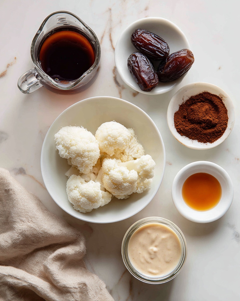 The image shows six small white bowls and a glass jar set on a white marbled surface. The largest bowl contains five pieces of off-white frozen cauliflower with a slightly rough texture, placed in the center. Above it, a smaller white bowl holds three shiny, dark brown dates with a wrinkled surface. To the left, a glass measuring jug contains a dark brown liquid and below it, a white bowl holds loose brown cocoa powder. To the right of the largest bowl, a small white bowl has a small amount of amber-colored liquid. Below this, another small white bowl contains a creamy beige thick sauce. At the bottom right corner, a glass jar is filled almost to the top with white coconut milk. A beige cloth lies in the bottom left corner. Photo taken with an iphone --ar 4:5 --v 7