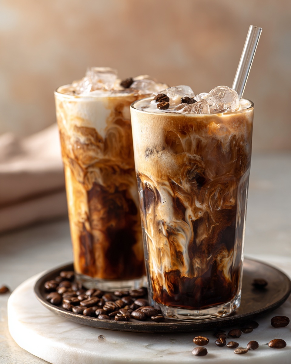 Two tall glasses filled with creamy brown iced coffee drinks stand side by side on a white marbled surface. Inside each clear glass, dark brown coffee syrup drizzles irregularly down the inner sides, creating rich swirls against the lighter coffee liquid. The top layer is smooth and frothy, with small coffee bean pieces and dark cocoa flakes sprinkled over the surface. One glass has a clear straw placed inside. Both glasses rest on a dark round tray with scattered coffee beans around them. The background is soft and blurred with warm beige tones. Photo taken with an iphone --ar 4:5 --v 7