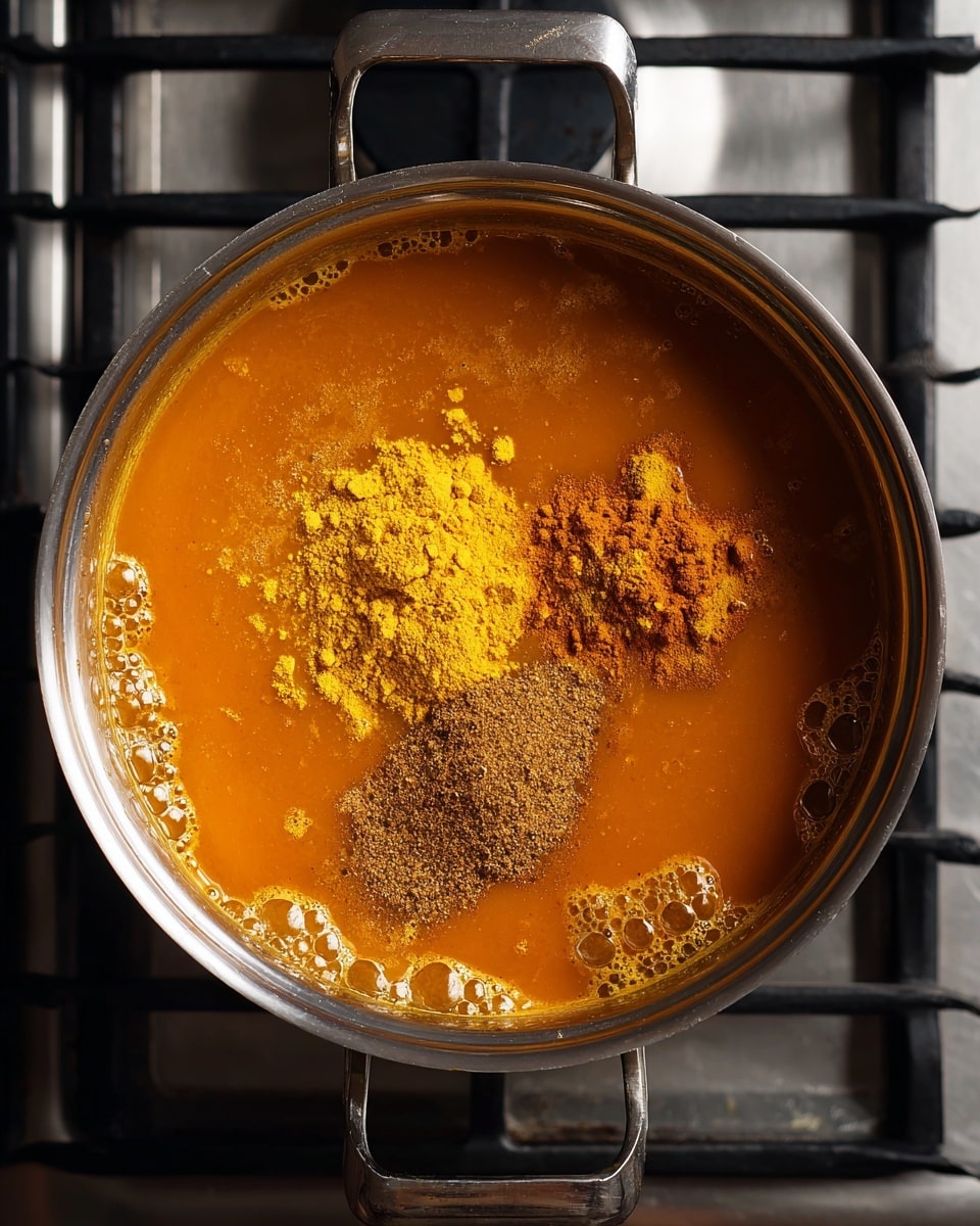 A shiny metallic pot on a stove with black grates contains a thick orange liquid base with different powders on top. There are two main piles of powder: one is light yellow and the other is a dark yellow spice powder, scattered on the top right side of the orange liquid. The pot has handles on each side, and the stove is made of black and metallic parts. The liquid has a smooth texture with some bubbles near the edge. The photo is taken from above showing the full pot. Photo taken with an iphone --ar 4:5 --v 7