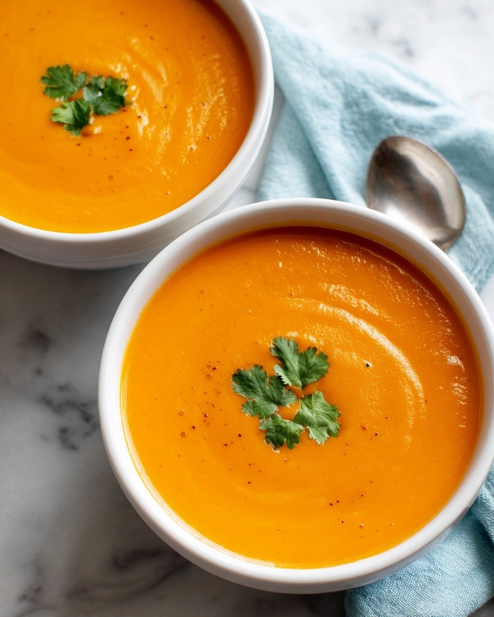 Two white soup bowls are filled with smooth orange soup, each topped with two small green cilantro leaves in the center. The soup surface is shiny and creamy, with slight ripples showing its texture. Both bowls sit on a white marbled surface, and a light blue cloth is partially visible near the top right bowl, with a silver spoon next to it. The overall image focuses closely on the bowls, showing the warm and rich color of the soup clearly. photo taken with an iphone --ar 4:5 --v 7