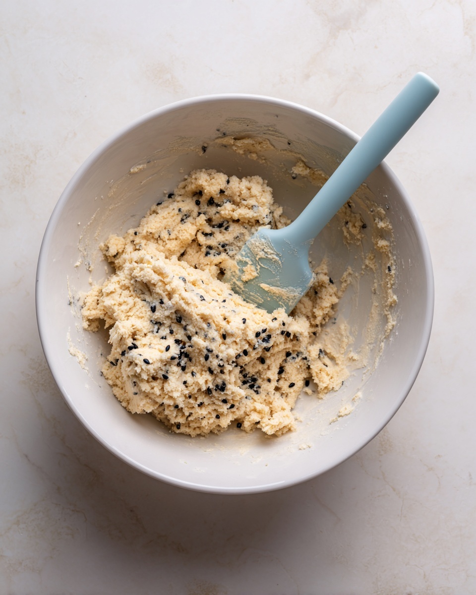 A white bowl on a white marbled surface holds a small amount of light beige dough mixed with black seeds. The dough has a rough, crumbly texture spread unevenly across the bottom of the bowl. A pale blue silicone spatula rests in the bowl, partially covered with the dough, with some dough stuck to its flat side and edges. The light in the scene is soft, showing slight shadows around the spatula and dough. photo taken with an iphone --ar 4:5 --v 7
