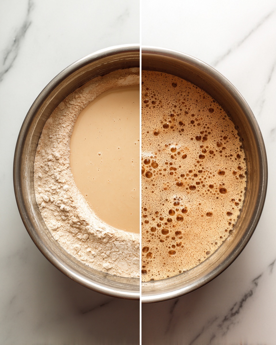 The image shows a two-part sequence in a large silver metal bowl placed on a white marbled surface. In the left part, dry ingredients with light brown and beige powders fill the bowl, as a clear container pours a beige liquid into the center. The right part shows the same bowl after the ingredients are mixed into a bubbly, light brown, foam-like batter with many small bubbles on top. Photo taken with an iphone --ar 4:5 --v 7
