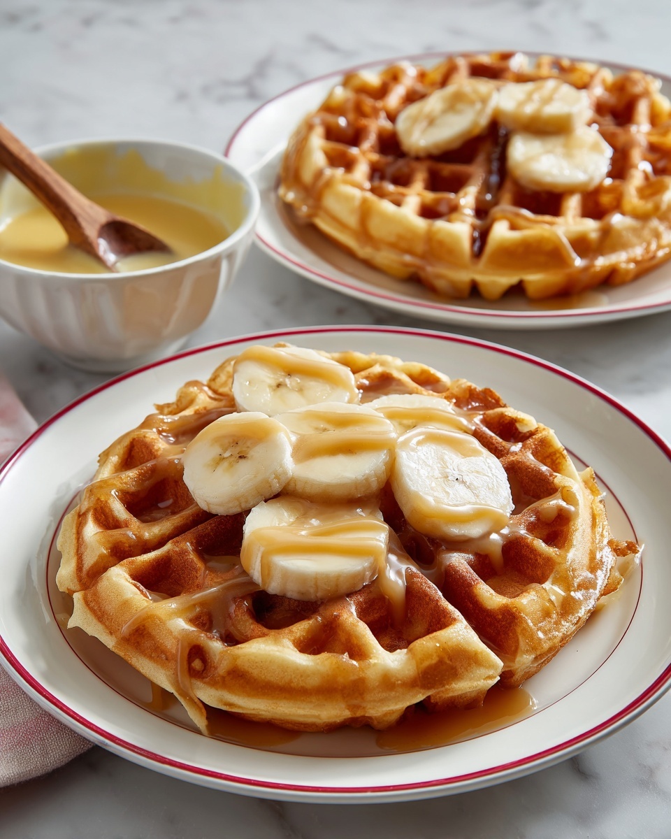 Two thick waffles are shown on white plates with a red rim, placed on a white marbled surface. Each waffle has a golden-brown color and a crispy texture. The waffle in the front is topped with several round slices of banana, which are creamy white with a slight sheen. Light brown sauce is drizzled over both the waffles and the bananas, adding a smooth, glossy layer. A white bowl with yellowish sauce and a wooden spoon is seen in the background, slightly out of focus. The overall scene has a soft light and casual breakfast feel. Photo taken with an iphone --ar 4:5 --v 7