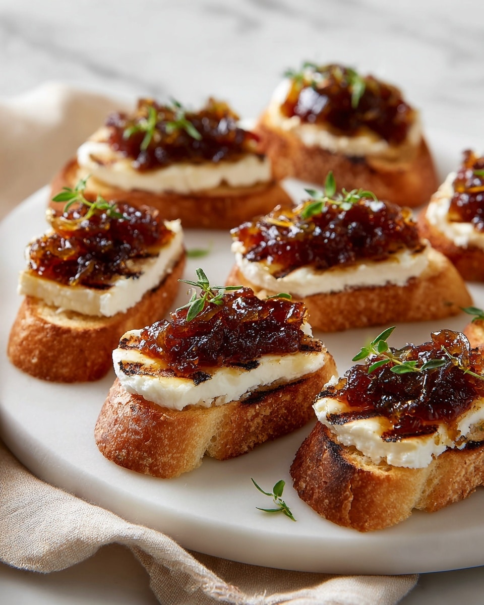 There are several small toasted bread slices with grill marks arranged on a white plate. Each slice has three layers: the base is golden brown toasted bread, the middle layer is soft, white creamy cheese spread evenly, and the top layer shows a dollop of dark amber-colored jam or chutney with some caramelized onion pieces. Each piece is lightly garnished with a small green sprig. The plate sits on a white marbled surface, and there is a soft beige cloth draped nearby. Photo taken with an iphone --ar 4:5 --v 7