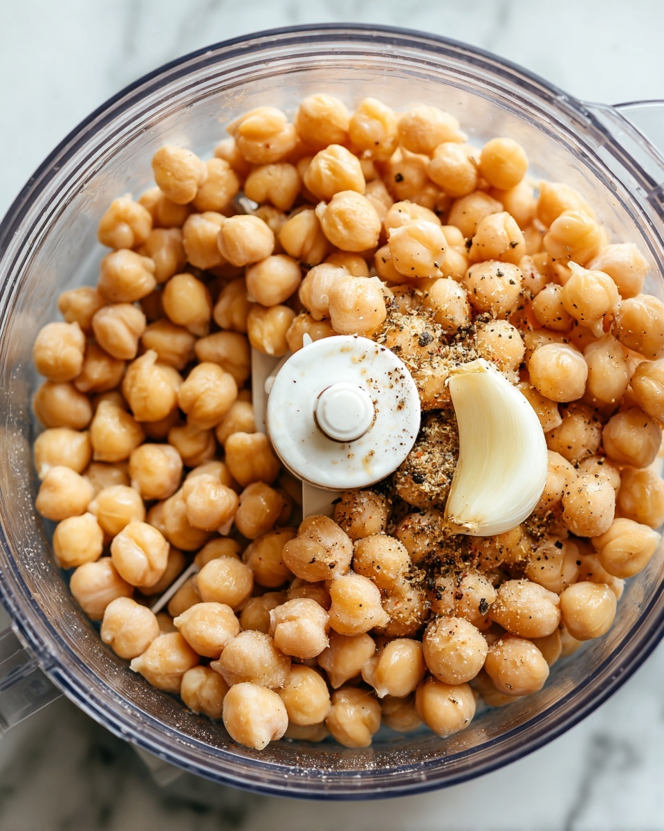 The image shows a close-up view inside a clear food processor filled with light tan chickpeas, a single clove of garlic, some olive oil giving a slight shine, and a sprinkle of black pepper. The chickpeas fill the processor bowl almost to the top, with the white plastic center blade assembly visible in the middle. The texture of the chickpeas is smooth and round, and the garlic clove is off-white and whole. The setting is on a white marbled surface. photo taken with an iphone --ar 4:5 --v 7