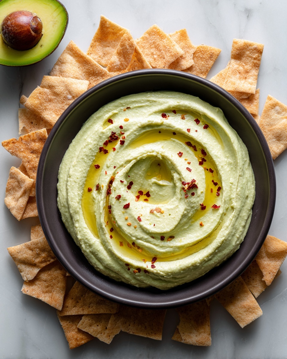 A dark round plate sits on a white marbled surface, filled with a thick, creamy light green dip swirled smoothly with small waves in the center. A swirl of bright golden olive oil pools on top, sprinkled with tiny red chili flakes. Around the plate, there are many crispy, light tan square pita chips scattered unevenly. Near the top left of the frame, there is a halved avocado with a dark brown seed visible in one half, with vibrant green flesh. photo taken with an iphone --ar 4:5 --v 7