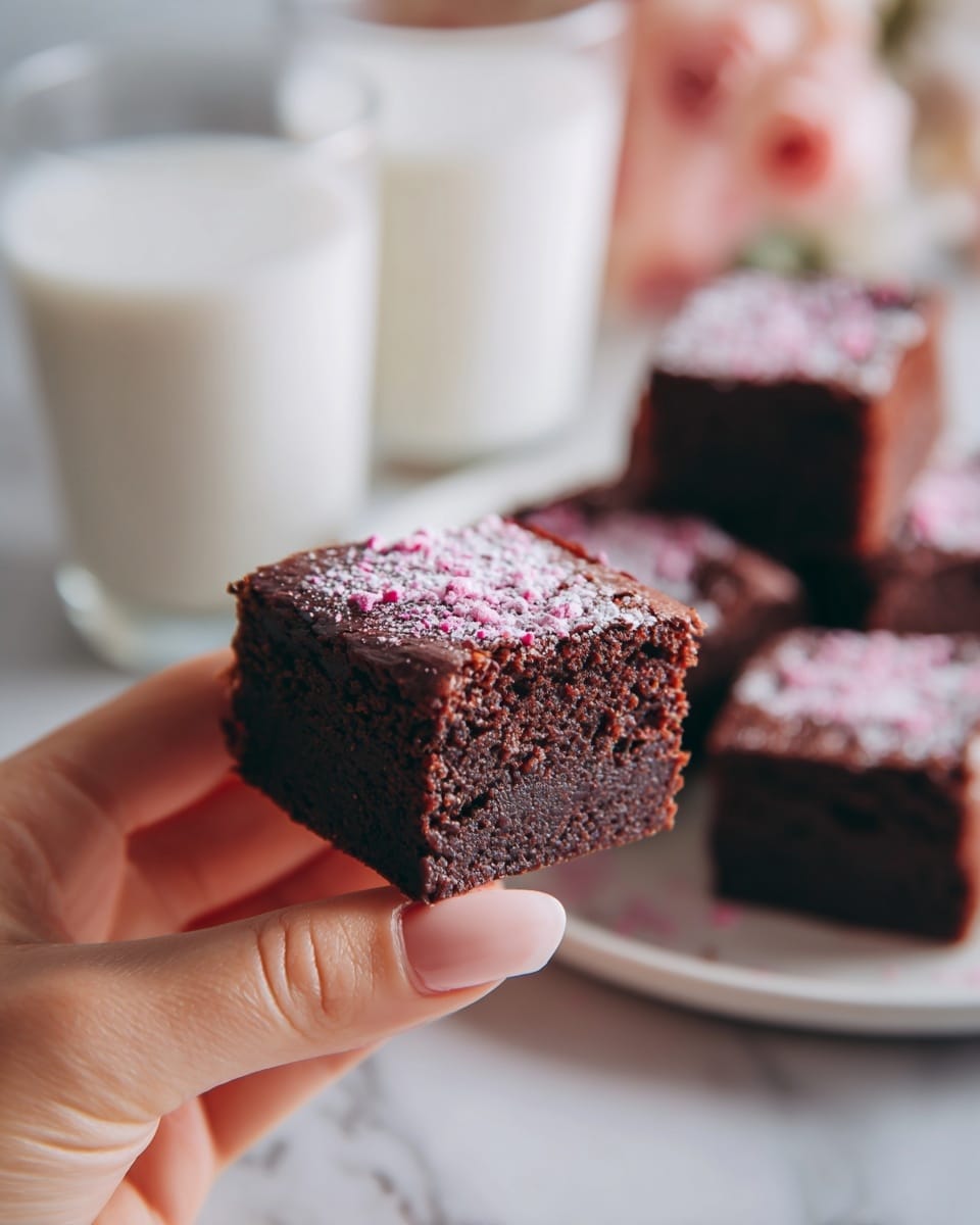 Three thick, dark brown chocolate brownies are stacked on top of each other, each separated by a piece of white parchment paper. The brownies have a soft, moist texture with some small holes visible, and the top brownie has a slightly uneven, cracked surface sprinkled with a light pink powder. The stack rests on a dark plate with a gold rim, placed on a soft beige cloth, with a small piece of dark chocolate nearby. In the blurry background, there is a glass of milk and a milk bottle on a white marbled surface. Photo taken with an iphone --ar 4:5 --v 7
