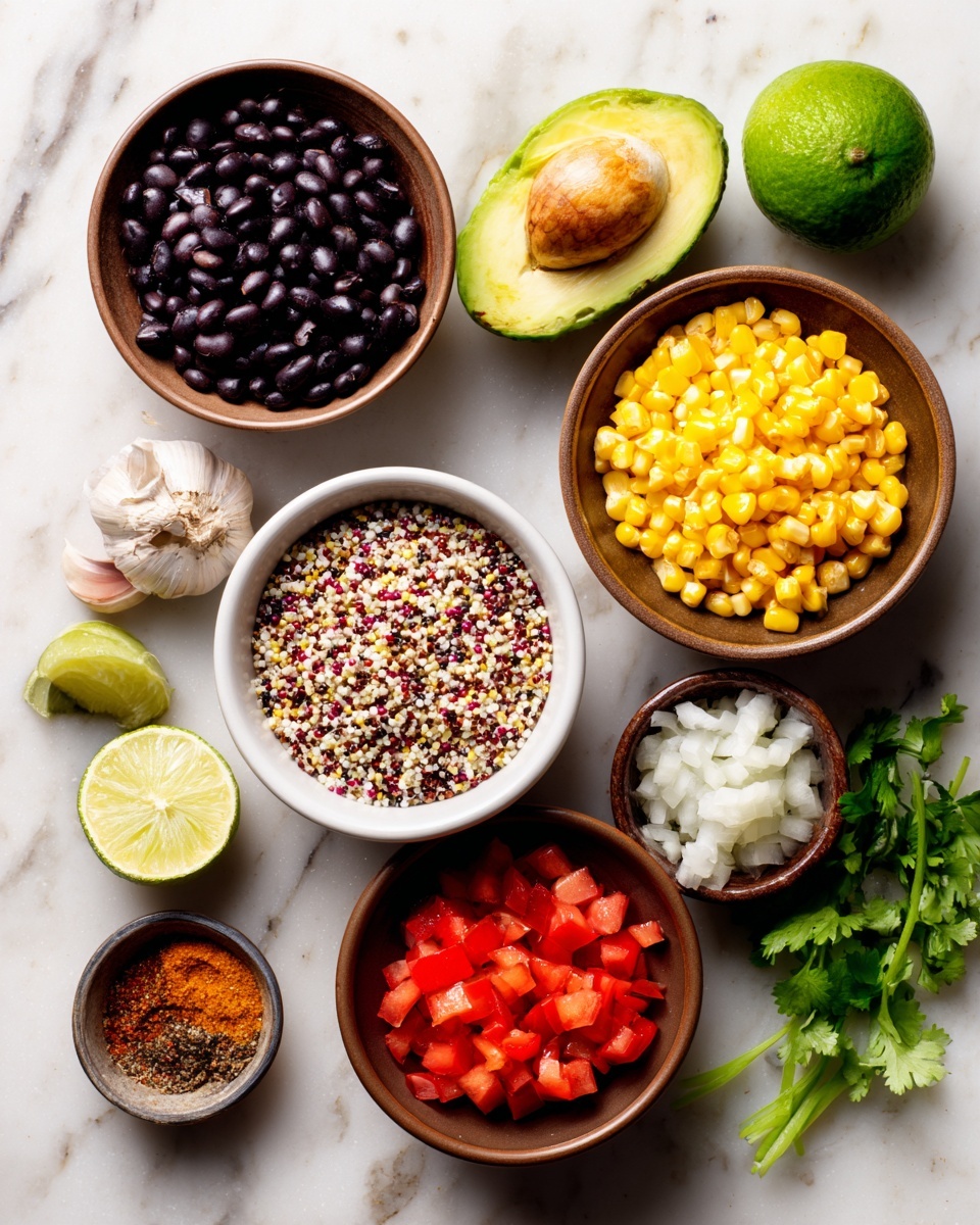 The image shows ingredients arranged on a white marbled surface with six small bowls and food items. In the top right, a brown bowl is filled with bright yellow corn kernels. Below it, a white bowl holds tri-color quinoa grains with small black, red, and white seeds. Below that, a brown bowl contains finely chopped white onions and red bell peppers mixed together. On the bottom right, a small brown bowl contains diced red tomatoes. To the left of the onion and pepper bowl is another brown bowl filled with black beans. Above the bowls, there are two avocado halves, one with its brown seed intact and the other empty. Nearby are three garlic cloves, a wedge of lime, and a bundle of fresh green cilantro. There is a small container with a mix of spices in red and brown colors. Photo taken with an iphone --ar 4:5 --v 7