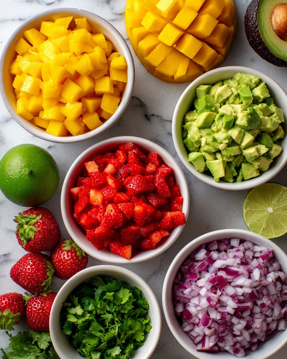 The image shows a collection of small white bowls with different chopped ingredients arranged on a white marbled surface. One bowl is filled with bright yellow diced mango in the upper left area, another bowl holds vibrant red chopped strawberries in the center right, while a third bowl contains light green diced avocado at the lower left. Smaller bowls hold finely chopped green peppers near the top, diced red onions on the right side, and fresh green cilantro at the bottom center. Around the bowls, whole strawberries, a green lime (one half sliced showing the inside), a whole mango, and an avocado are placed, adding more color to the composition. photo taken with an iphone --ar 4:5 --v 7