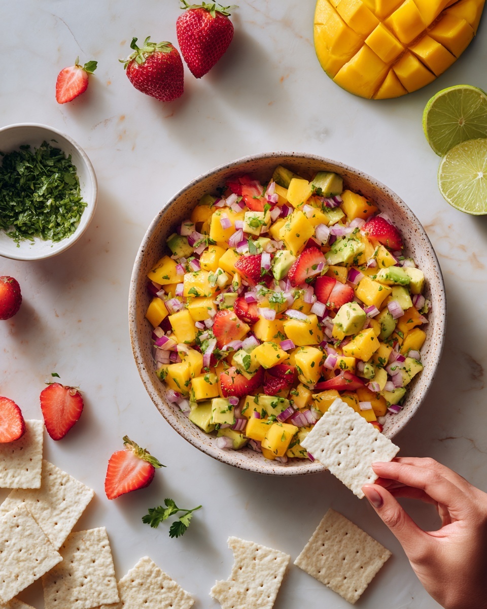 A large round bowl filled with three layers of diced fruit and herbs, starting from the bottom with small cubes of bright yellow mango, mixed with red strawberry pieces, and light green avocado chunks, all topped with finely chopped green cilantro and small purple onion bits scattered evenly. Around the bowl are pieces of torn white crackers placed on a white marbled surface. A woman's hand holds a white cracker dipped into the mixture on the right side of the bowl. There are whole strawberries, half a lime, a small white bowl with chopped green cilantro, and halves of mango and avocado scattered around the bowl, creating a bright and fresh setting. photo taken with an iphone --ar 4:5 --v 7
