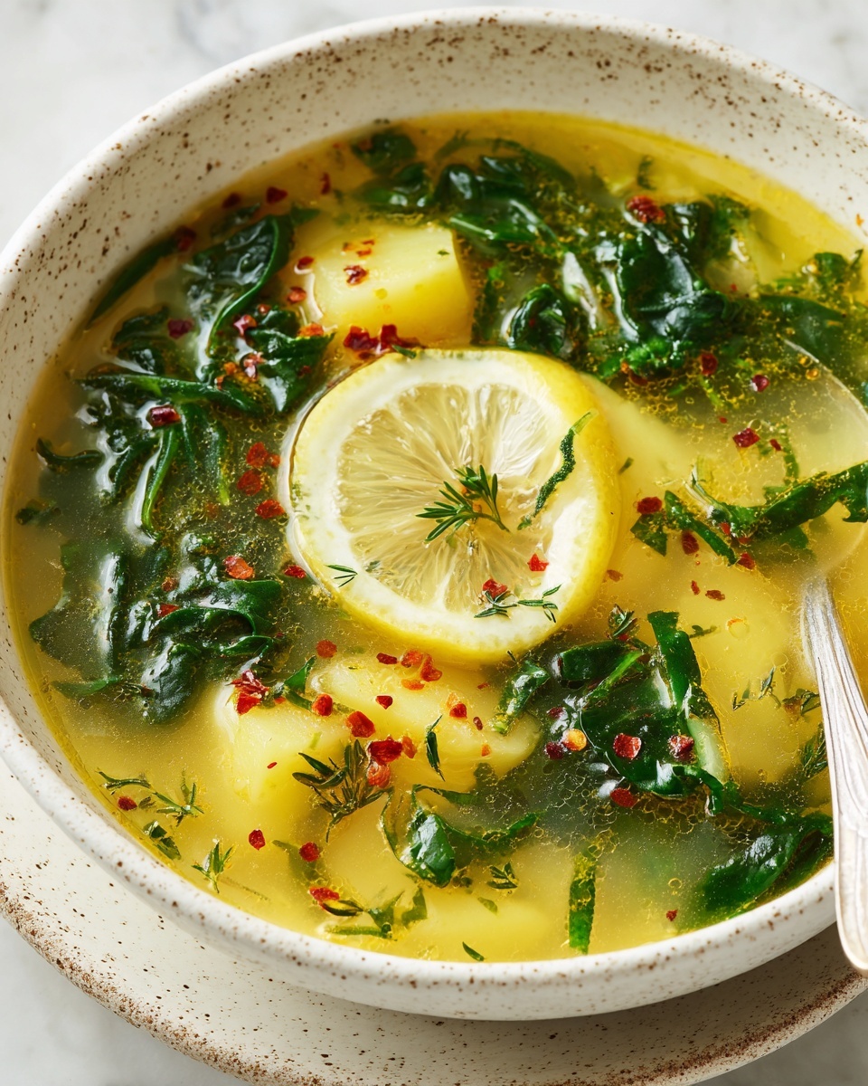 A close-up view of a white speckled bowl filled with light yellow broth soup, showing layers of green spinach leaves floating on top, light yellow potato chunks beneath, and a thin slice of lemon resting on the surface. The soup is garnished with small red chili flakes and fine green herb sprigs scattered over, with a metal spoon partially visible inside the bowl on the right side. The bowl sits on a matching white speckled plate against a white marbled background. photo taken with an iphone --ar 4:5 --v 7