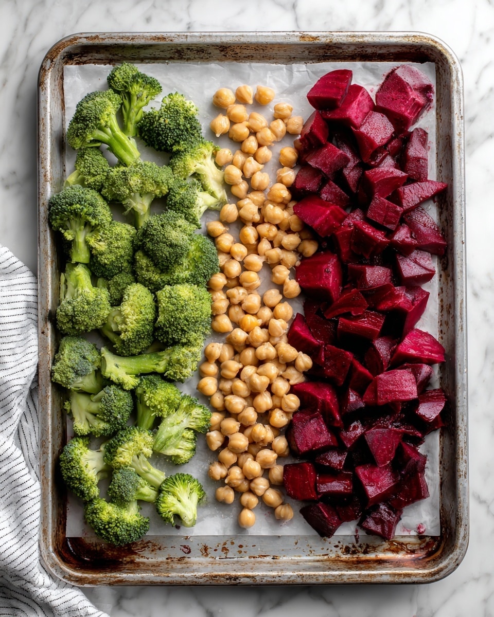 A large baking tray with three neat sections of ingredients laid out on white parchment paper, on a white marbled surface. On the left side are bright green broccoli florets, evenly spaced with textured tops and stalks. In the middle, there are small, light brown chickpeas spread out in a loose cluster. On the right side, deep red beet pieces cut into chunky, uneven shapes create a vibrant contrast. The tray has a slightly worn metallic look, and part of a white striped cloth is visible at the bottom left corner. photo taken with an iphone --ar 4:5 --v 7