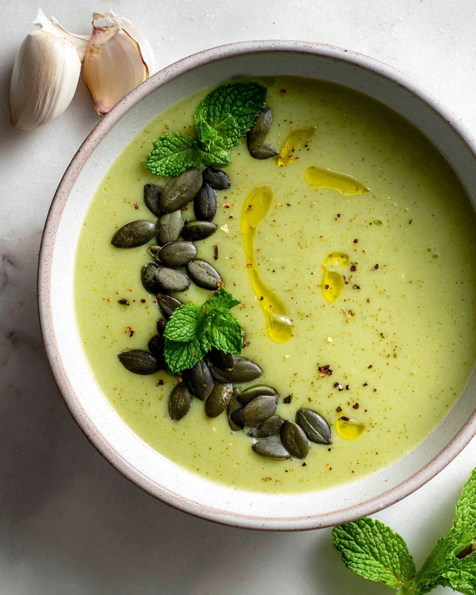 A white bowl filled with smooth, light green soup that has a slightly speckled texture from herbs or spices. On top, a curved line of dark green pumpkin seeds and fresh bright green mint leaves is arranged, with a few drops of golden olive oil adding shine and small patches of deeper yellow. The bowl rests on a white marbled surface, with a piece of garlic and garlic cloves nearby, giving a fresh kitchen feel. Photo taken with an iphone --ar 4:5 --v 7