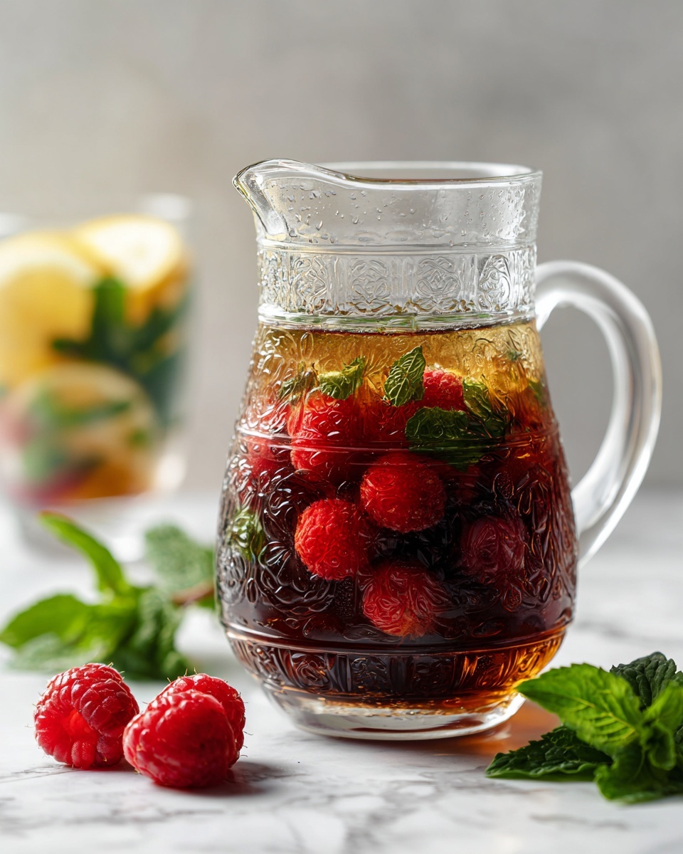 A clear glass pitcher filled with a dark amber liquid, layered with red raspberries and green mint leaves floating in the top half, and more raspberries settled at the bottom. The pitcher has a detailed embossed pattern around its middle and bottom, with condensation on its surface. The background is a soft light color, and the pitcher is set on a white marbled surface with two red raspberries and some fresh green mint leaves next to it. In the blurred background, there is a clear glass with yellow fruit slices and mint leaves. Photo taken with an iphone --ar 4:5 --v 7