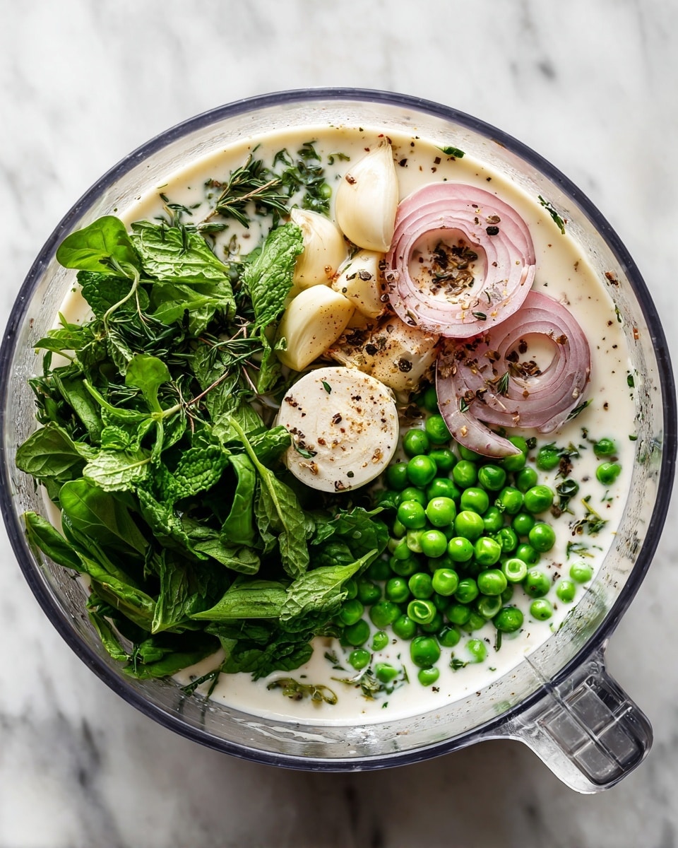 A clear food processor bowl shows a mix of fresh ingredients ready to blend, with bright green leafy spinach and fresh mint leaves on the right side, whole green peas scattered near the bottom left, light pink thinly sliced shallots with black pepper on the left, and whole garlic cloves placed near the top left, all resting in a creamy white liquid base, set on a white marbled surface. photo taken with an iphone --ar 4:5 --v 7