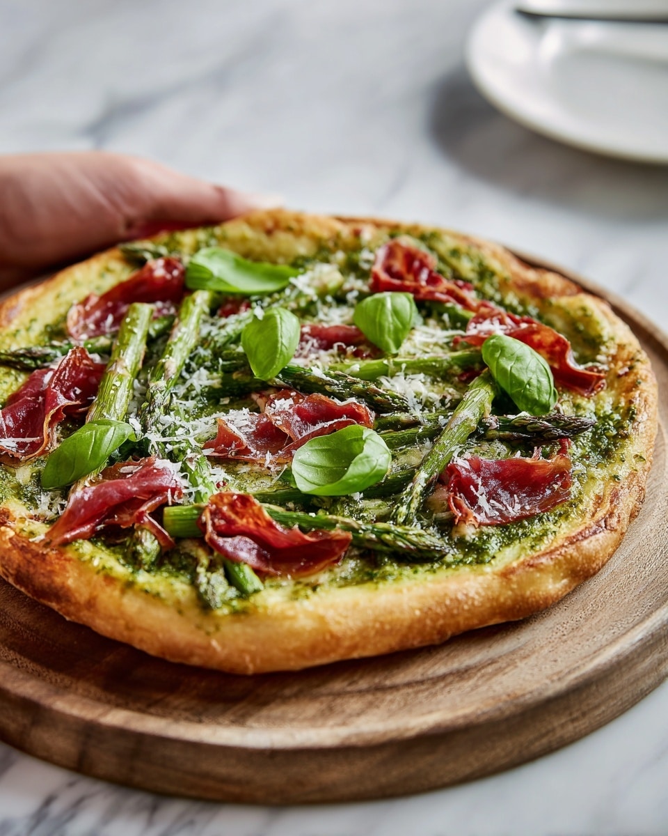 A round pizza on a wooden board with a slightly browned, puffy crust, topped with a green pesto sauce spread evenly as the base layer. Over the sauce are thin green asparagus stalks arranged in a scattered yet balanced way, followed by several pieces of crispy, curled red cured meat placed randomly. Fresh bright green basil leaves sit on top, adding a pop of color. The whole pizza is sprinkled with a light layer of grated white cheese. The scene is set on a white marbled surface, with a partially visible white plate in the top right corner and a woman's hand holding the board from the side. Photo taken with an iphone --ar 4:5 --v 7