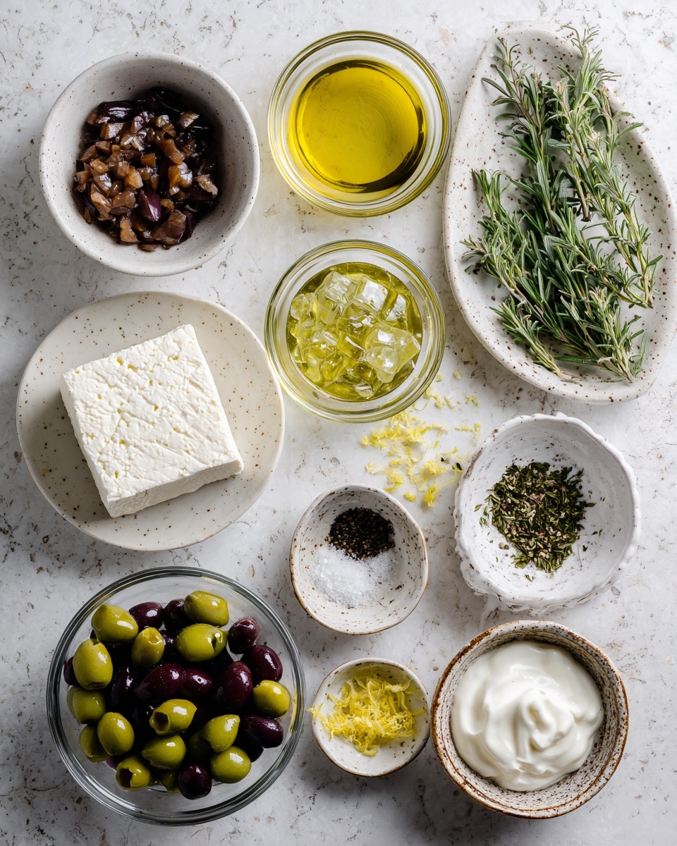 The image shows a top view of various small bowls and plates arranged neatly on a white marbled surface. There are ten containers in total: a white bowl with golden yellow oil, a clear glass bowl with chopped dark brown olives, a small speckled bowl with white liquid, a white plate holding a block of white cheese with a coarse texture, a clear glass bowl filled with mixed whole and halved green and dark purple olives, a small speckled bowl with bright yellow lemon zest, a clear glass bowl full of thick white cream, a small brown-rimmed bowl containing black pepper, a tiny clear bowl with minced garlic, and a clear glass bowl with dried green herbs. To the right, there is a white speckled plate holding fresh green sprigs of rosemary. The setup is well-lit with soft natural light, giving a clean and fresh look. photo taken with an iphone --ar 4:5 --v 7