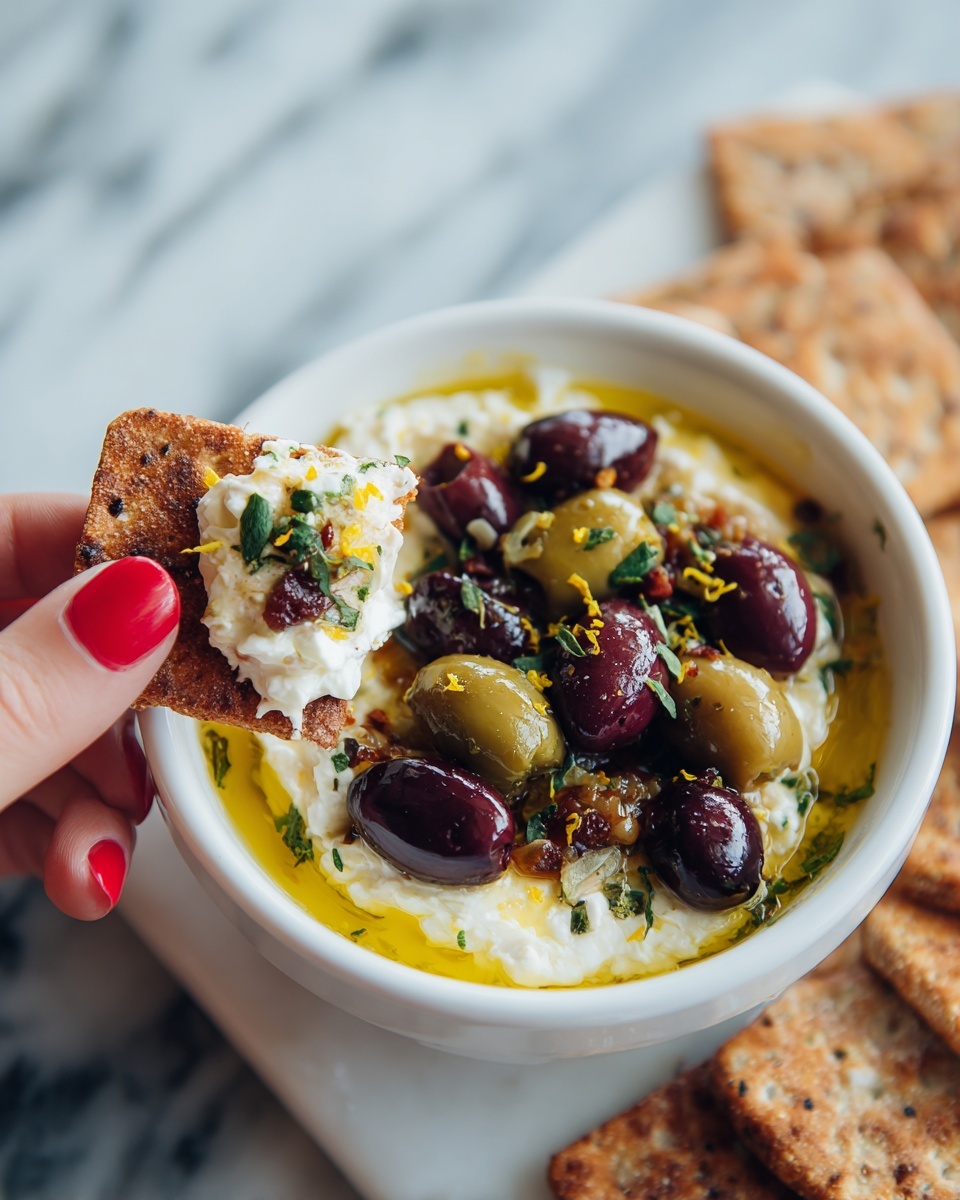 A close-up view of a white bowl filled with three main layers: at the bottom, there is a golden yellow oily layer; above that, a thick white creamy layer of cheese; and on top, a mix of green and dark purple olives along with dark red bits, all sprinkled with herbs and small yellow zest pieces. In the foreground, a woman's hand with red nail polish holds a textured brown crispbread topped with a scoop of the white cheese, some olives, and bits from the mix. The bowl sits on sliced crispbreads placed on a white marbled surface. photo taken with an iphone --ar 4:5 --v 7