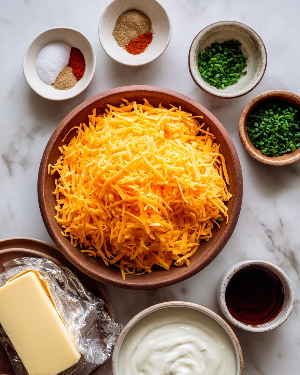 A top view of a brown bowl filled with a large pile of shredded bright orange cheddar cheese, positioned at the center right on a white marbled surface. To the left are small white bowls with different spices in shades of light brown, red, and white, and a small brown bowl with chopped green chives. Below, there is a small white bowl filled with thick white cream and a small brown cup with dark sauce. A wrapped silver package of butter lies on a brown plate near the bottom left corner. Photo taken with an iphone --ar 4:5 --v 7
